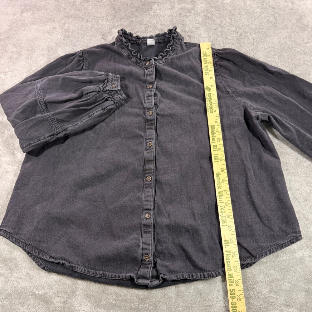 Old Navy‎ Denim Shirt Women Large Black Ruffle Neck Puff Sleeve Cotton Top - Picture 2 of 8